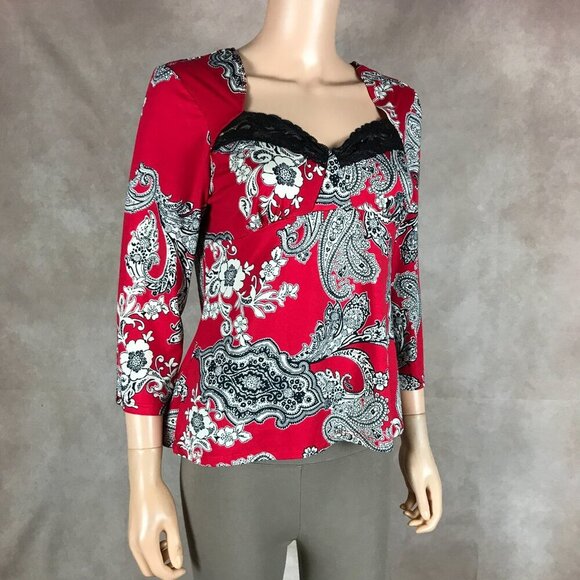 LINEA DONATELLA Red Paisley Lace Trim Pajama Shirt Size Medium - Picture 4 of 10
